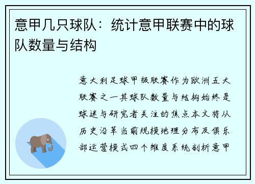 意甲几只球队：统计意甲联赛中的球队数量与结构