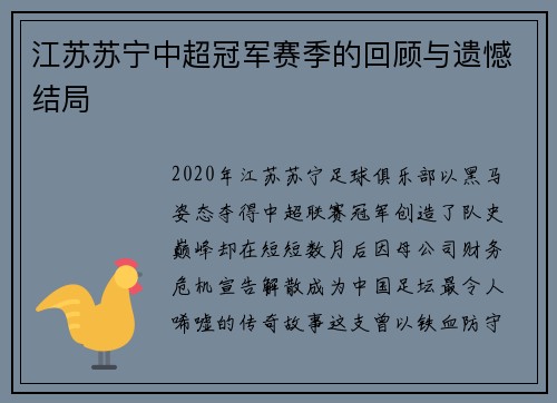 江苏苏宁中超冠军赛季的回顾与遗憾结局